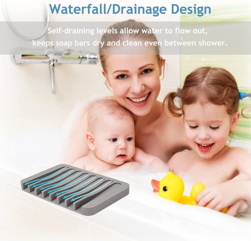 Ramkuwar Silicone Soap Dish Soap Saver Waterfall AntiSlip Design Soap Holder with Drainage for Shower Kitchen Sink Bathroom Easy Cleaning Flexible Silicone 3 Packs Grey - Image 4