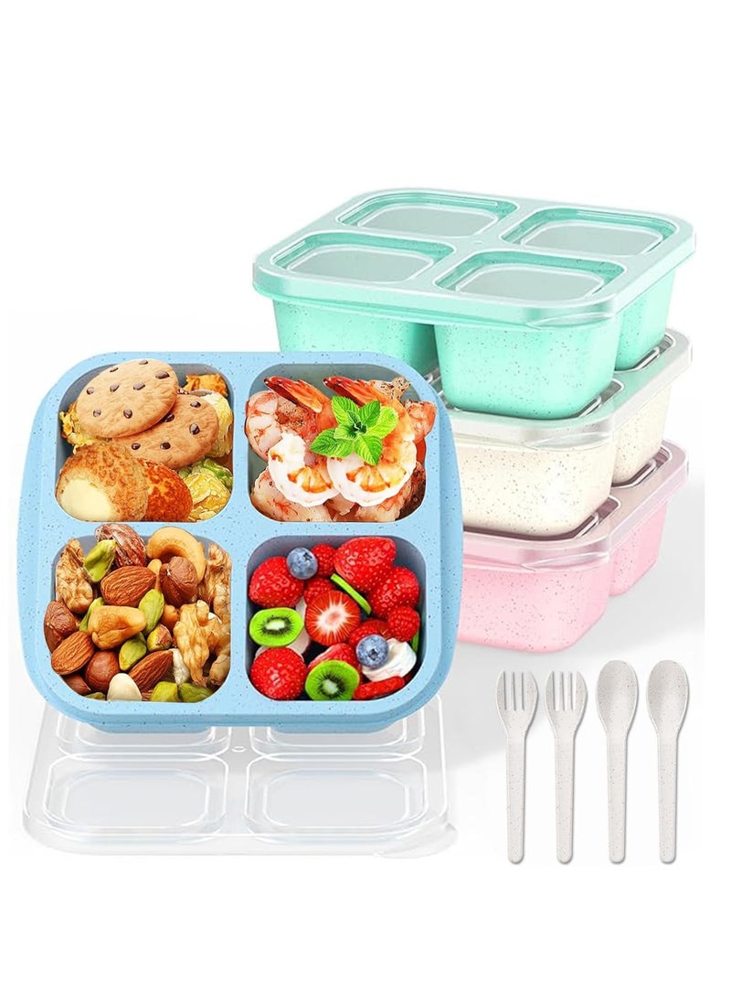 Yoawllty Lunch Box, 4 Packs Snack Box, Reusable Meal Prep Lunch Containers for Kids Adults, 4 Compartment Compact Stackable Wheat Bento Box (Green/Blue/Pink/Beige)  - Image 1