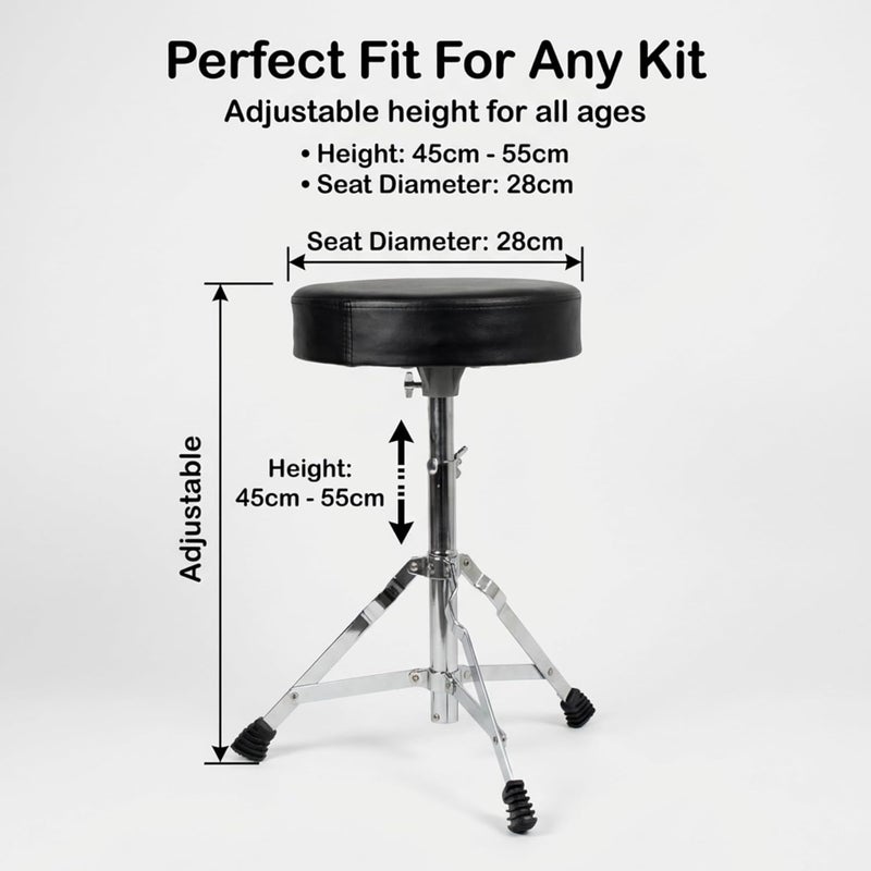 RockJam DP-001 Adjustable Drum Stool Drum Throne with Padded Seat, Black, ‎35 x 30 x 10 cm - Image 2