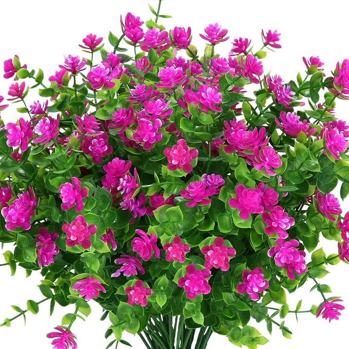 24 Bundles Outdoor Artificial Fake Flowers UV Resistant No Fade Boxwood Faux Plastic Plants for Garden Patio Porch Window Box Home Wedding Farmhouse Dcor Fushia
