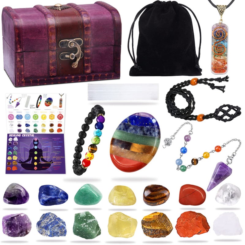 22Pcs Healing Crystals Set Chakra Quartz Kits in Wooden Box 7 Raw and 7 Tumbled Chakra Stones Lava Bracelet Chakra Necklace and Amethyst Pendulum Thumb Worry Stone Selenite Charging Plate etc