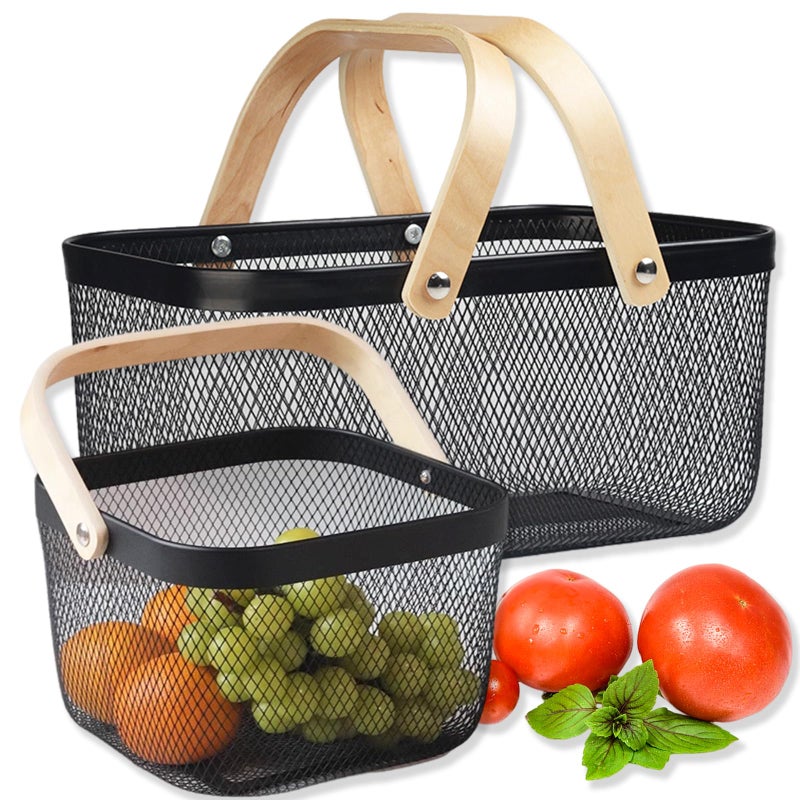 Cheardia 2 Pack Picnic Baskets, Metal Mesh Harvest Basket with Foldable Wooden Handle, Rectangle Garden Storage Basket Bin for Vegetable Fruit Garden Kitchen Cabinet Picking Gathering - Image 1