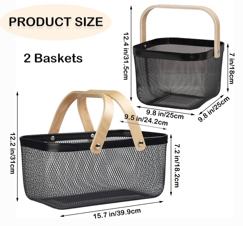 Cheardia 2 Pack Picnic Baskets, Metal Mesh Harvest Basket with Foldable Wooden Handle, Rectangle Garden Storage Basket Bin for Vegetable Fruit Garden Kitchen Cabinet Picking Gathering - Image 2