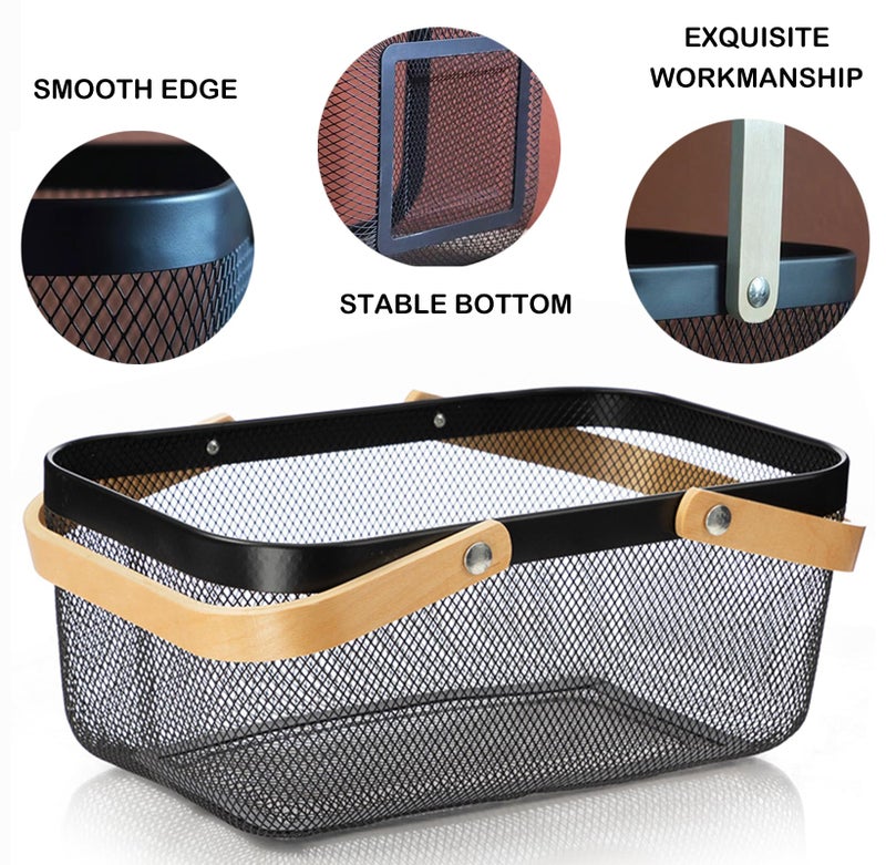 Cheardia 2 Pack Picnic Baskets, Metal Mesh Harvest Basket with Foldable Wooden Handle, Rectangle Garden Storage Basket Bin for Vegetable Fruit Garden Kitchen Cabinet Picking Gathering - Image 3