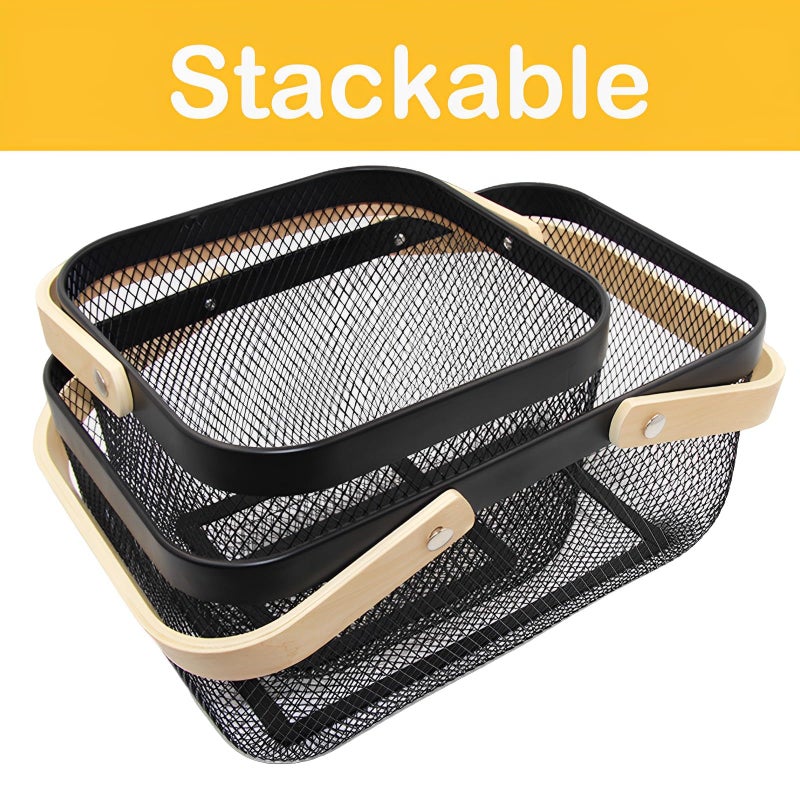 Cheardia 2 Pack Picnic Baskets, Metal Mesh Harvest Basket with Foldable Wooden Handle, Rectangle Garden Storage Basket Bin for Vegetable Fruit Garden Kitchen Cabinet Picking Gathering - Image 4