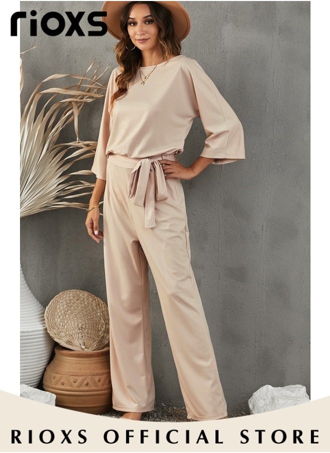 Womens Casual Jumpsuit Outfit 3/4 Long Sleeve Top And Loose Straight Leg Long Pants Romper Set With Waist Belt For Party And Daily - pzsku/ZFD5997A59284F8EA835EZ/45/_/1718440691/dca80972-e1b1-4139-a0cf-f9115f4712a2