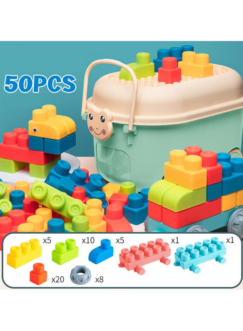 50PCS لعبة مكعبات قطار تعليمية للأطفال - 50 قطعة ناعمة من مادة TPE آمنة للطعام مع صندوق تخزين - هدية عائلية مميزة للأولاد والبنات - Image 1