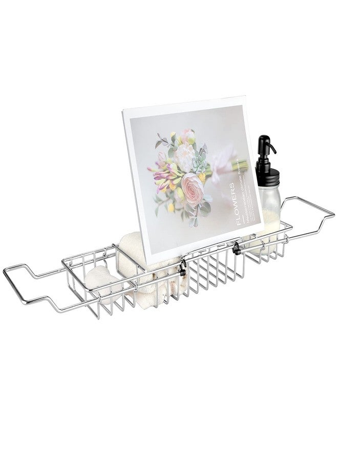 HOMEE Stainless Steel Shower Caddy Tray with Removable Book Holder, European Style Extendable Rectangular Bathroom Tray for Shower Bath Phone IPad Book Holder Candleholder Table Shelf - Silver - Image 1