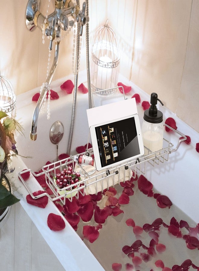 HOMEE Stainless Steel Shower Caddy Tray with Removable Book Holder, European Style Extendable Rectangular Bathroom Tray for Shower Bath Phone IPad Book Holder Candleholder Table Shelf - Silver - Image 5