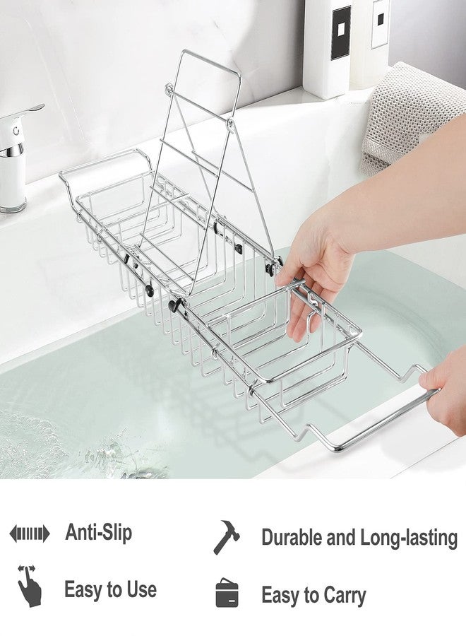 HOMEE Stainless Steel Shower Caddy Tray with Removable Book Holder, European Style Extendable Rectangular Bathroom Tray for Shower Bath Phone IPad Book Holder Candleholder Table Shelf - Silver - Image 4