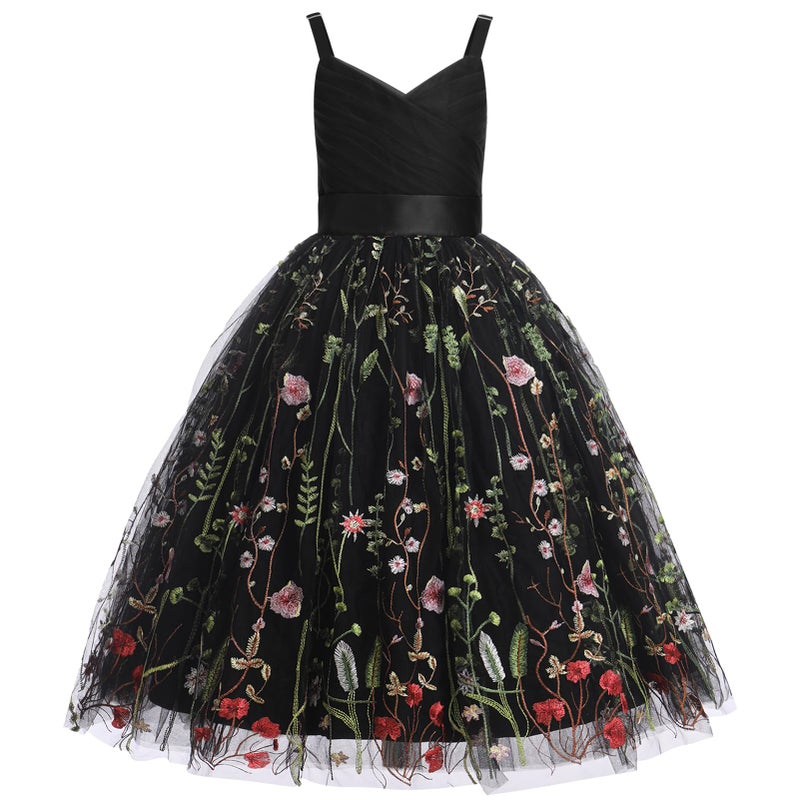 OBEEII Flower Girl Dress for Wedding Pleated V Neck Satin Tulle Princess Dress Junior Bridesmaids Pageant Formal Ball Gown, Black-floral, 6 Years - Image 1