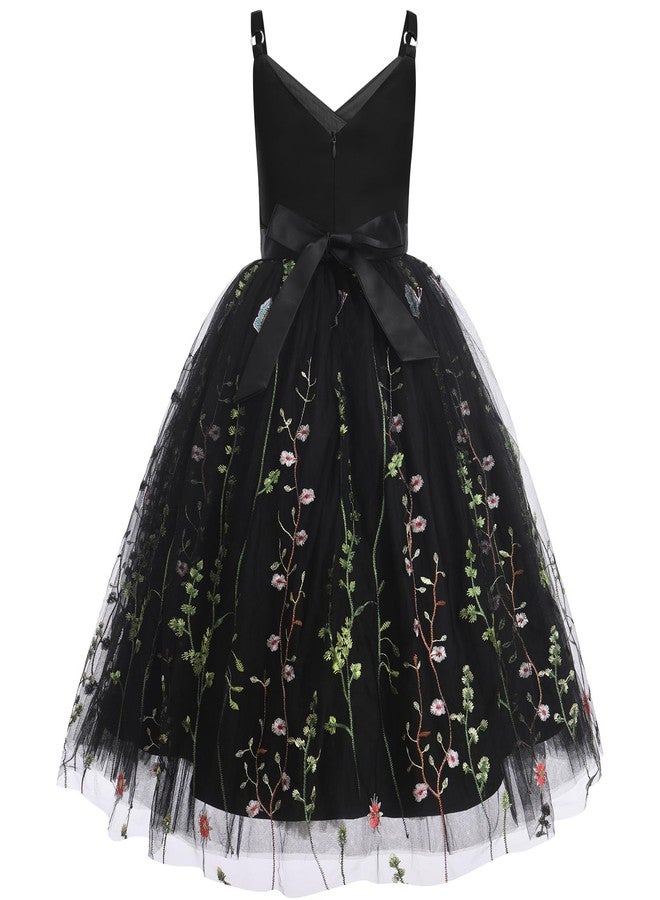 OBEEII Flower Girl Dress for Wedding Pleated V Neck Satin Tulle Princess Dress Junior Bridesmaids Pageant Formal Ball Gown, Black-floral, 6 Years - Image 2