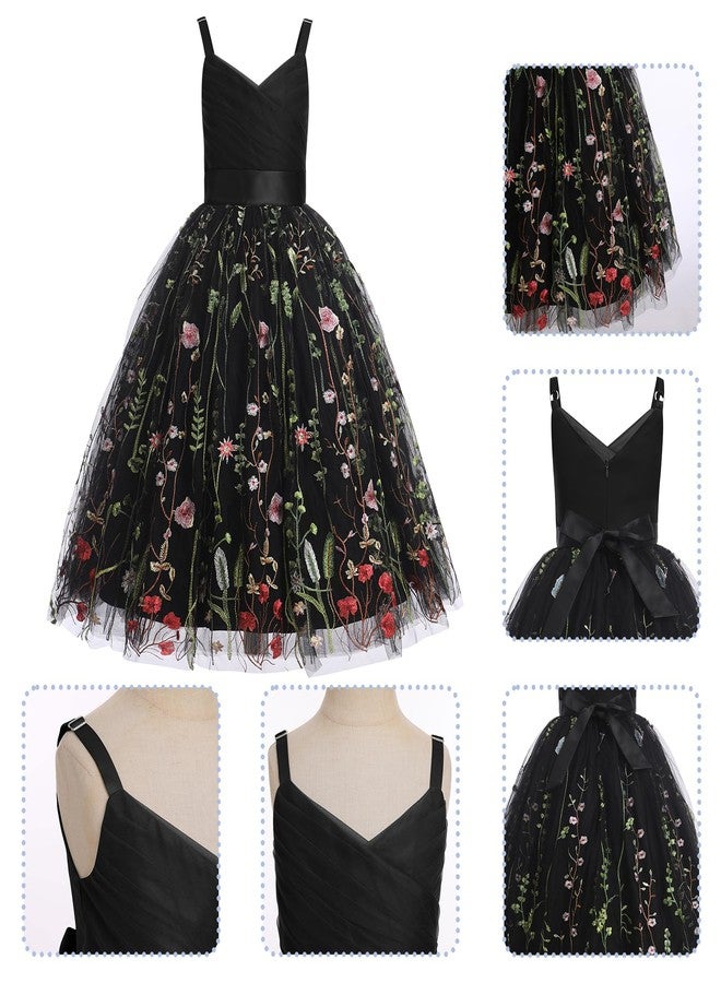 OBEEII Flower Girl Dress for Wedding Pleated V Neck Satin Tulle Princess Dress Junior Bridesmaids Pageant Formal Ball Gown, Black-floral, 6 Years - Image 3