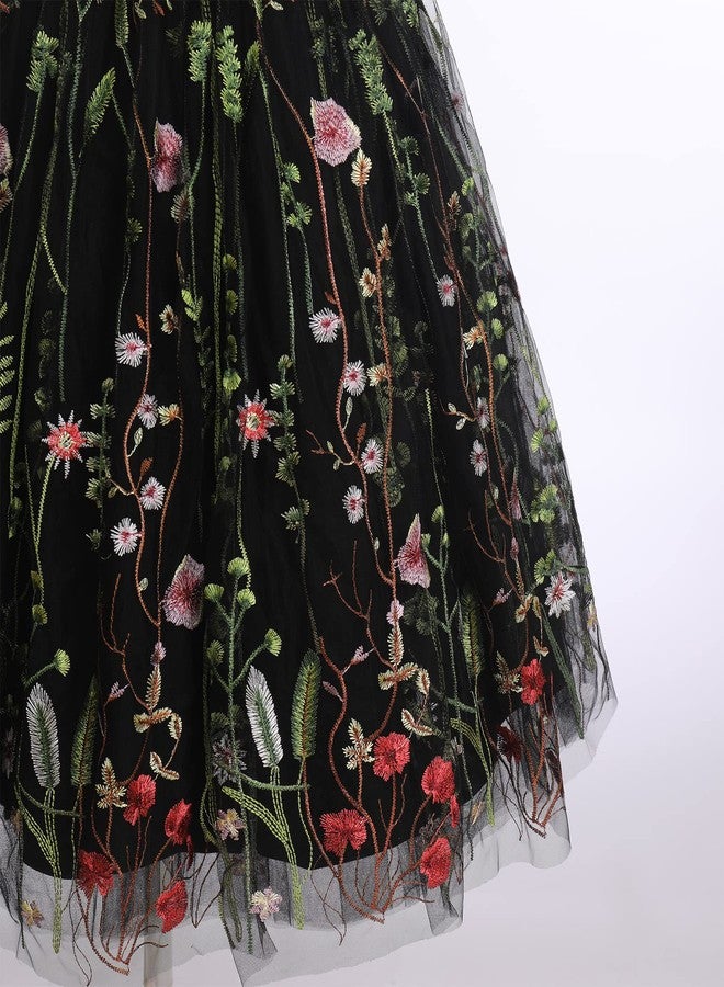 OBEEII Flower Girl Dress for Wedding Pleated V Neck Satin Tulle Princess Dress Junior Bridesmaids Pageant Formal Ball Gown, Black-floral, 6 Years - Image 4