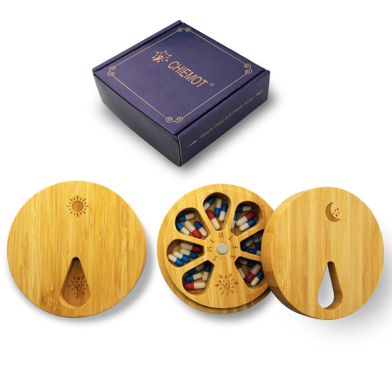 CHIEMOT AM&PM Set of 2 Bamboo Wood Pill Organizer for Medicine Vitamin 2 Times a Day, Arthritis Friendly 7-Day Pill Box Medium Container Holder Weekly, Daily Portable Travel Pill Case - Image 1