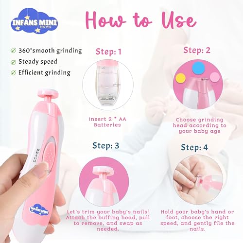 Infans Mini Baby Nail Trimmer for NewBorn Safe Baby Nail Clippers With Light, 6 Grinding Pads & with Extra 12 Replacement Pads, Trim Polish Grooming Kit for Infant & Adults Toes Fingernail Care - Pink - Image 4