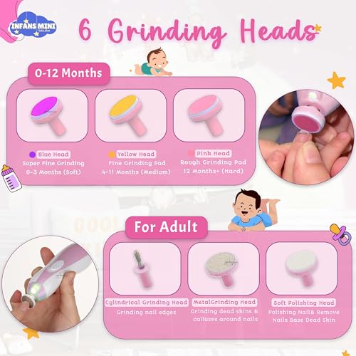 Infans Mini Baby Nail Trimmer for NewBorn Safe Baby Nail Clippers With Light, 6 Grinding Pads & with Extra 12 Replacement Pads, Trim Polish Grooming Kit for Infant & Adults Toes Fingernail Care - Pink - Image 3
