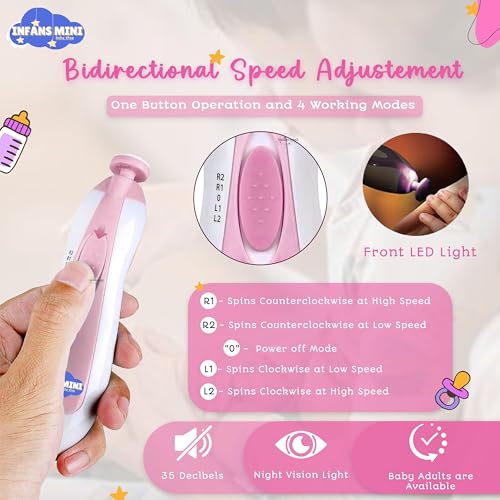 Infans Mini Baby Nail Trimmer for NewBorn Safe Baby Nail Clippers With Light, 6 Grinding Pads & with Extra 12 Replacement Pads, Trim Polish Grooming Kit for Infant & Adults Toes Fingernail Care - Pink - Image 5