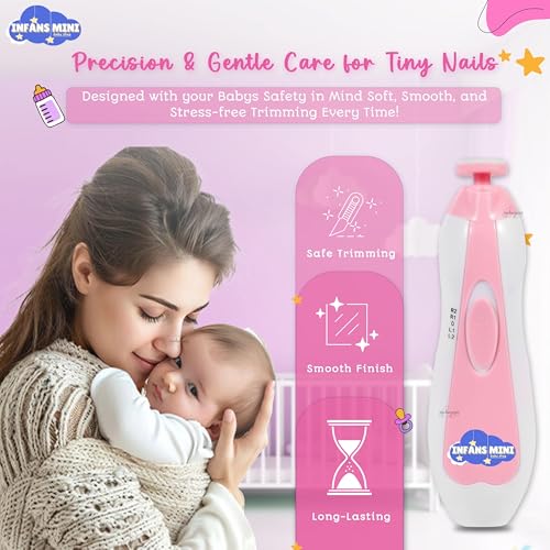 Infans Mini Baby Nail Trimmer for NewBorn Safe Baby Nail Clippers With Light, 6 Grinding Pads & with Extra 12 Replacement Pads, Trim Polish Grooming Kit for Infant & Adults Toes Fingernail Care - Pink - Image 2