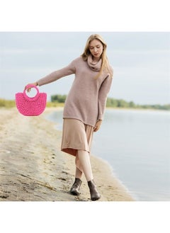 QTKJ Mini Semi-circle Rattan Straw Bag, Hand-woven Women Summer Retro Beach Tote Shoulder Bag Crossbody Travel Beach Bag (Rose Color)  - Image 5