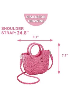 QTKJ Mini Semi-circle Rattan Straw Bag, Hand-woven Women Summer Retro Beach Tote Shoulder Bag Crossbody Travel Beach Bag (Rose Color)  - Image 1