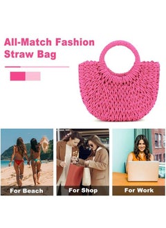 QTKJ Mini Semi-circle Rattan Straw Bag, Hand-woven Women Summer Retro Beach Tote Shoulder Bag Crossbody Travel Beach Bag (Rose Color)  - Image 4