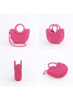 QTKJ Mini Semi-circle Rattan Straw Bag, Hand-woven Women Summer Retro Beach Tote Shoulder Bag Crossbody Travel Beach Bag (Rose Color)  - Image 2