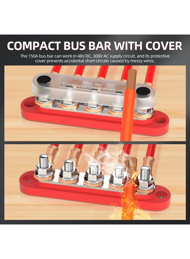 2PCS Bus Bar 12V Power Distribution Block 48V DC 300V AC Bus Bar 5 X 1/4" (M6) Terminal Studs 12 Volt  Busbar with Cover for Marine, Automotive, Solar Wiring  - Image 4