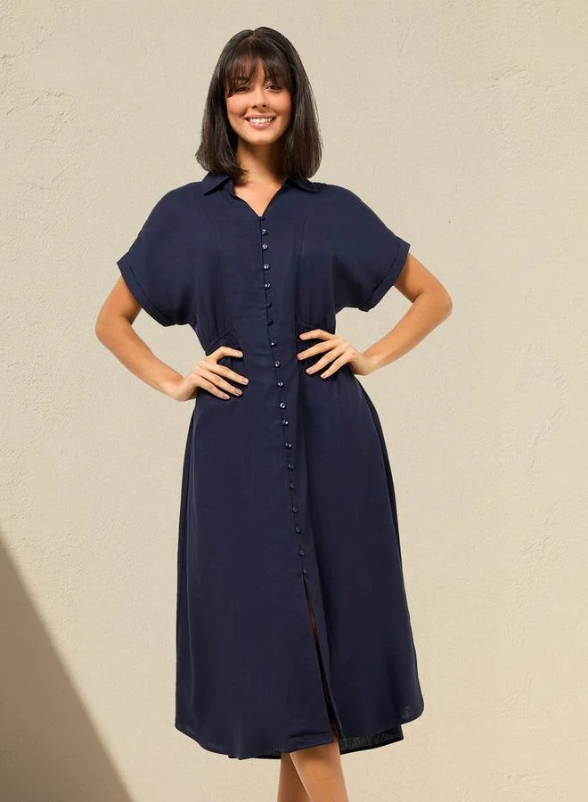 Splash FAV A line Midi Linen Blend Shirt Dress with Cinched Waist