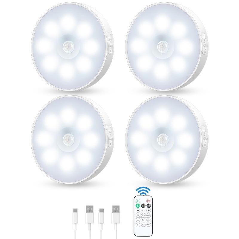YLXS Motion Sensor Puck Light with Remote Wireless Dimmable Under Cabinet Lights Rechargeable Magnetic Closet Light Stick on Night Light 4Pack