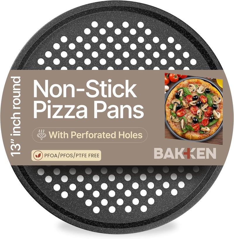 BAKKENMASTER Bakken Pizza Baking Pan - Round Perforated Carbon Steel Pan with Non-Stick Marble Coating, Oversized Silicone Handle, Dishwasher Safe, High-Temperature Resistant, Durable & Easy Cleanup Gray, 1 Tray - Image 1