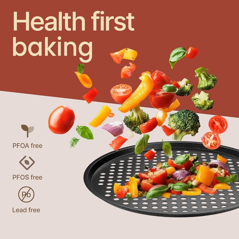 BAKKENMASTER Bakken Pizza Baking Pan - Round Perforated Carbon Steel Pan with Non-Stick Marble Coating, Oversized Silicone Handle, Dishwasher Safe, High-Temperature Resistant, Durable & Easy Cleanup Gray, 1 Tray - Image 5