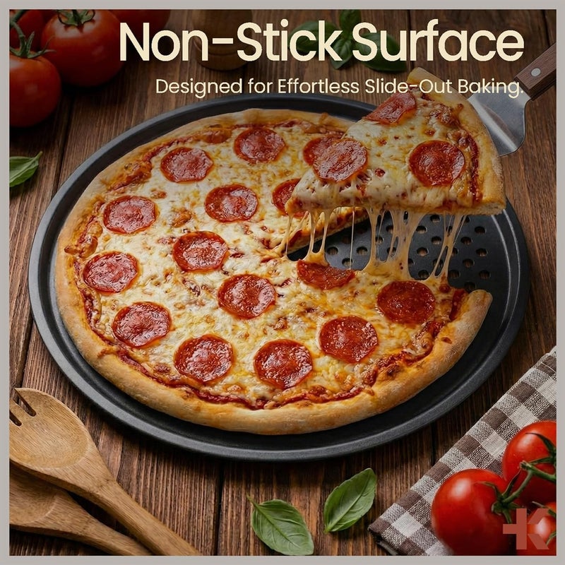 BAKKENMASTER Bakken Pizza Baking Pan - Round Perforated Carbon Steel Pan with Non-Stick Marble Coating, Oversized Silicone Handle, Dishwasher Safe, High-Temperature Resistant, Durable & Easy Cleanup Gray, 1 Tray - Image 3