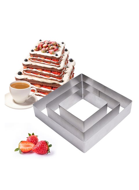 3-Piece Set Of Square Stainless Steel Cake Baking Molds 4 Inches 6 Inches 8 Inches Suitable For Baking Mousse, Pancakes (3 Different Sizes) 20x20x5cm, Silver