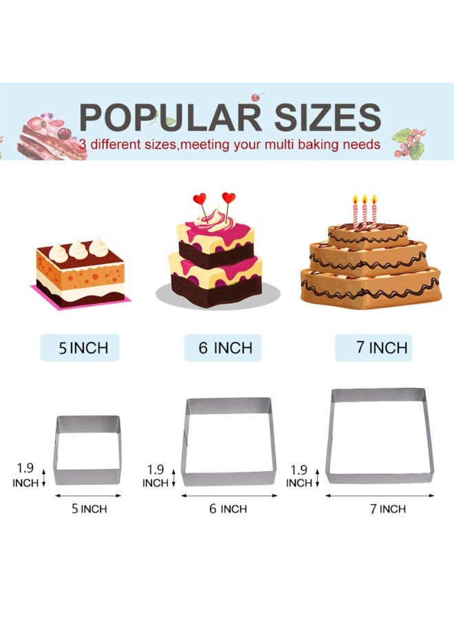 3-Piece Set Of Square Stainless Steel Cake Baking Molds 4 Inches 6 Inches 8 Inches Suitable For Baking Mousse, Pancakes (3 Different Sizes) 20x20x5cm, Silver - Image 3