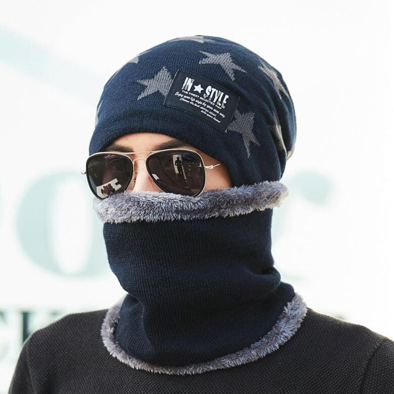Mens Autumn and Winter New Knitted Cap Fleece-lined Thickened Warm Cap Korean Style Womens Fashionable Wool Hat Sneak SetAdult stars Blue Adult stars Blue