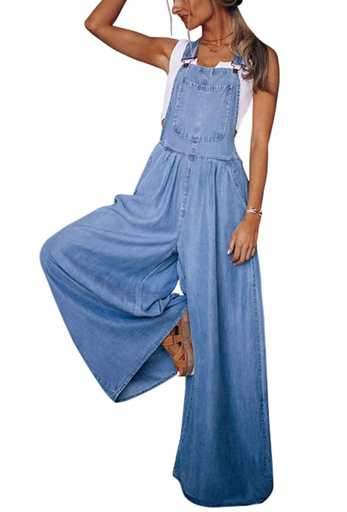 utcoco Womens Casual Loose Denim Overalls Adjustable Strap Wide Leg Bib Jean Overalls Jumpsuit with Pockets XLarge Blue