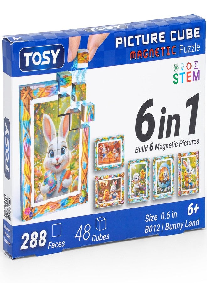 TOSY Picture Cube Bunny Land: 6-in-1 Magnetic Picture Puzzle, Easter Basket Stuffers STEM Gift for Kids & Adults, 48 Blocks, 288 Faces/Magnets, 0.6 in, B012, Seamless UV Art, Display-Ready Frame - Image 1