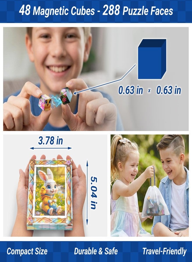 TOSY Picture Cube Bunny Land: 6-in-1 Magnetic Picture Puzzle, Easter Basket Stuffers STEM Gift for Kids & Adults, 48 Blocks, 288 Faces/Magnets, 0.6 in, B012, Seamless UV Art, Display-Ready Frame - Image 4