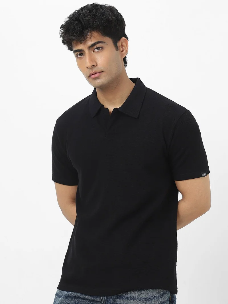 Urbano Fashion Men's Black Textured Regular Fit Half Sleeve Cotton Polo T-Shirt
