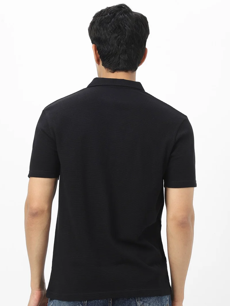 Urbano Fashion  Urbano Fashion Men's Black Textured Regular Fit Half Sleeve Cotton Polo T-Shirt  | Best Price UAE