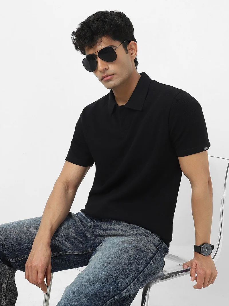 Urbano Fashion  Urbano Fashion Men's Black Textured Regular Fit Half Sleeve Cotton Polo T-Shirt  | Best Price UAE