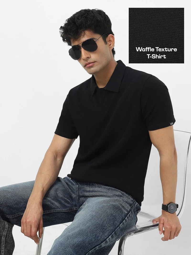 Urbano Fashion  Urbano Fashion Men's Black Textured Regular Fit Half Sleeve Cotton Polo T-Shirt  | Best Price UAE