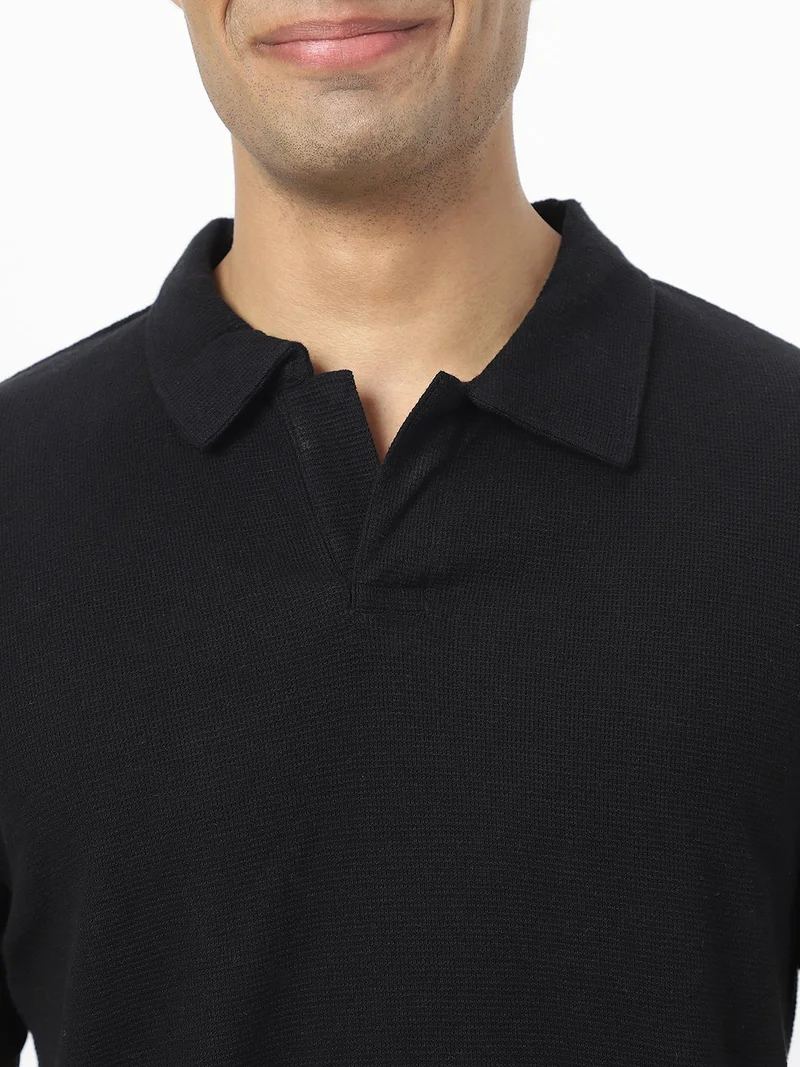 Urbano Fashion  Urbano Fashion Men's Black Textured Regular Fit Half Sleeve Cotton Polo T-Shirt  | Best Price UAE