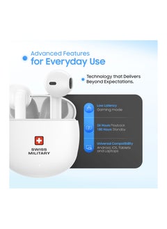 SWISS MILITARY VICTOR6 High Bass True Wireless Earbuds - 24 Hours Total Playtime, 180 Days Standby, Smart Touch Controls, Seamless Connectivity, Secure Fit for Workouts & Travel - White  - Image 3