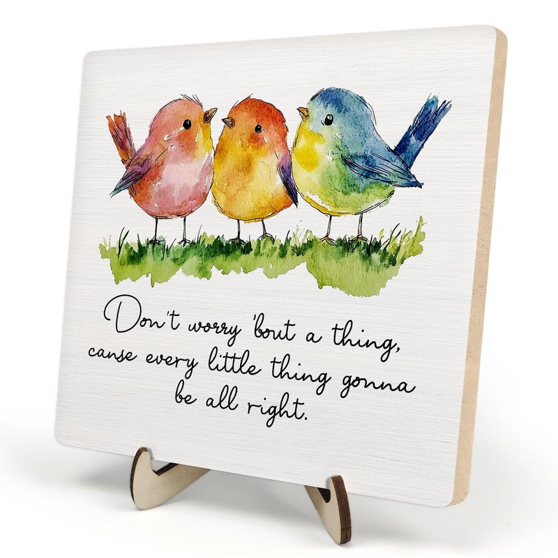 DMADNF Inspirational Wooden Sign â€“ Every Little Thing Is Gonna Be All Right-Quote Plaque with Watercolor Birds, Uplifting Desk Decor for Home or Office, Gift for Women, Teachers, Friends, Graduation(Colour, 5.9 x 5.9 inches) - Image 1