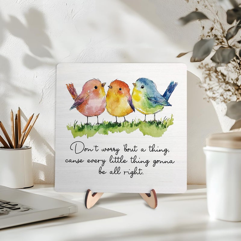 DMADNF Inspirational Wooden Sign â€“ Every Little Thing Is Gonna Be All Right-Quote Plaque with Watercolor Birds, Uplifting Desk Decor for Home or Office, Gift for Women, Teachers, Friends, Graduation(Colour, 5.9 x 5.9 inches) - Image 3