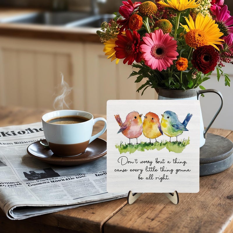 DMADNF Inspirational Wooden Sign â€“ Every Little Thing Is Gonna Be All Right-Quote Plaque with Watercolor Birds, Uplifting Desk Decor for Home or Office, Gift for Women, Teachers, Friends, Graduation(Colour, 5.9 x 5.9 inches) - Image 5