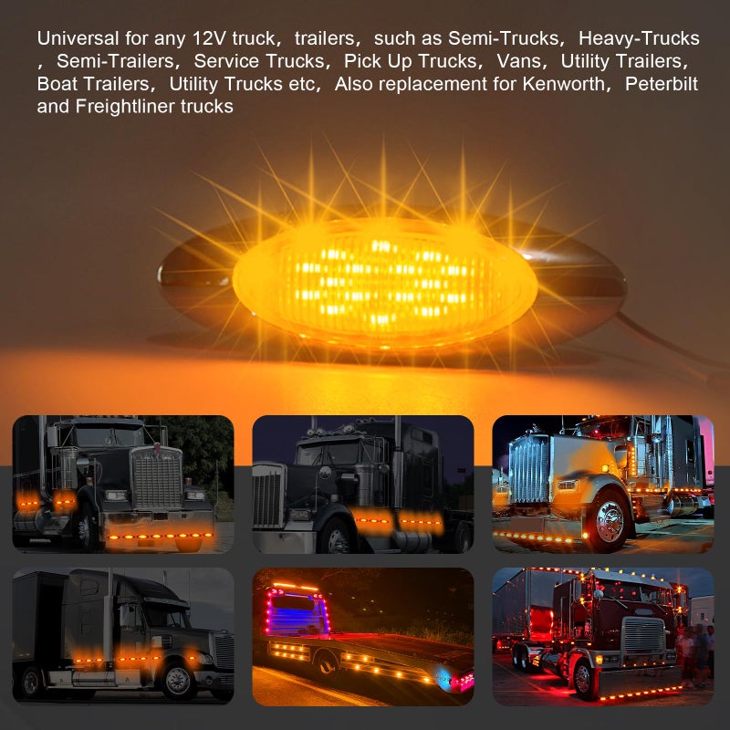 Wodvyss 10pcs 6.5" LED Amber Marker Lights, Oval Amber 16LED Side Marker Clearance Lights with Chrome Bezel Replacement for Truck Peterbilt Kenworth Freightliner,Clear Lens - Image 5
