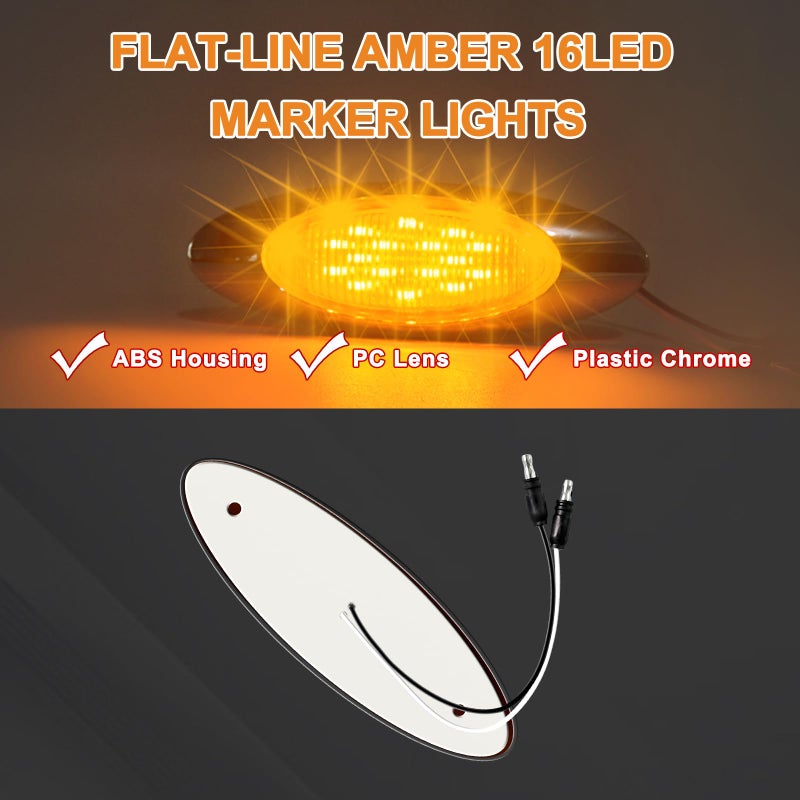 Wodvyss 10pcs 6.5" LED Amber Marker Lights, Oval Amber 16LED Side Marker Clearance Lights with Chrome Bezel Replacement for Truck Peterbilt Kenworth Freightliner,Clear Lens - Image 4